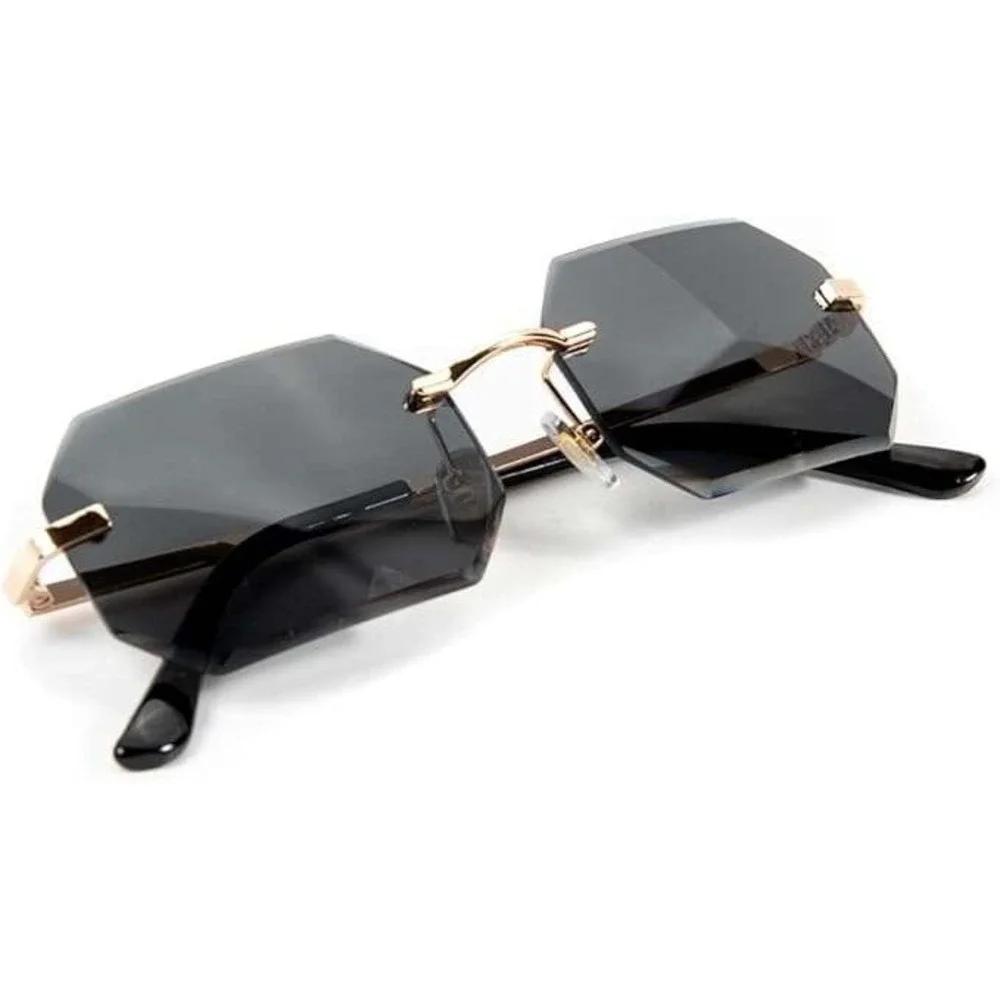 Rimless Sunglasses Dark Black‎ Lens Gold UV400 Protect Men Fashion Trendy Shades